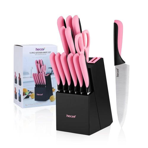 Hecef 13-Piece Knife Set, Stainless Steel Kitchen Knives with Block, Chef Knife, Santoku Knife, Steak Knives, Scissors Hecef 13-Piece Knife Set, Stainless Steel Kitchen Knives with Block, Chef Knife, Santoku Knife, Steak Knives, Scissors