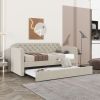 Twin Size Upholstered Daybed with Trundle and USB Charging Design, Velvet Upholstered Daybed Frame, Twin Sofa Bed for Living Room Bedroom