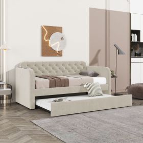 Twin Size Upholstered Daybed with Trundle and USB Charging Design, Velvet Upholstered Daybed Frame, Twin Sofa Bed for Living Room Bedroom