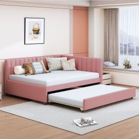 Full Size Upholstered Daybed with Trundle Sofa Bed Frame No Box Spring Needed, Linen Fabric(Pink)