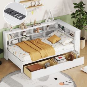Wooden Twin Size DayBed with 2 Drawers, DayBed with Storage Shelf and USB Charging Ports,White