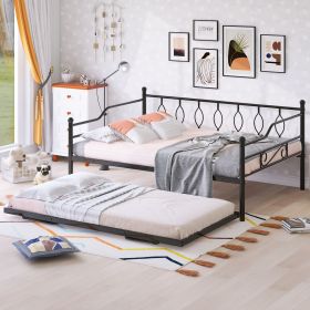 Full Size Metal Daybed with Twin Size Adjustable Trundle, Portable Folding Trundle