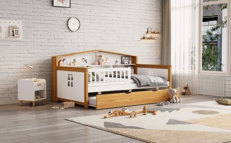 Twin Size House Shape Daybed with Trundle and Bookcase Headboard Wooden Bed for Girls Boys Teens, No Box Spring Needed, Walnut and White