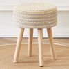 Round Ottoman Footstool Natural Seagrass Foot Stool Pouf Ottomans with Solid Wood Legs Hand Weave Hyacinth Footrest Step Stool for Living Room Balcony
