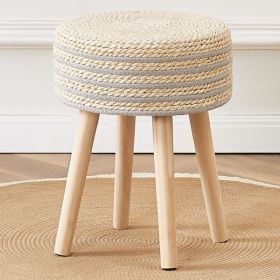 Round Ottoman Footstool Natural Seagrass Foot Stool Pouf Ottomans with Solid Wood Legs Hand Weave Hyacinth Footrest Step Stool for Living Room Balcony