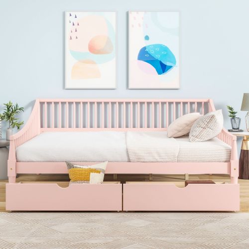 Full Size Daybed with Two Storage Drawers and Support Legs, Pink Full Size Daybed with Two Storage Drawers and Support Legs, Pink