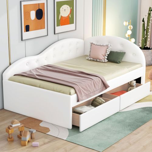 Twin Size PU Upholstered Tufted Daybed with Two Drawers and Cloud Shaped Guardrail, White Twin Size PU Upholstered Tufted Daybed with Two Drawers and Cloud Shaped Guardrail, White