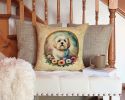 Coton De Tulear and Flowers Throw Pillow Machine Washable, Indoor Outdoor Decorative Pillow for Couch, Bed or Patio, 14Hx14W