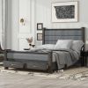 Queen Size Wood Frame Platform Bed with Upholstered Headboard, Footboard and 2 Drawers, Antique Gray