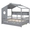 Wooden Full Size House Bed With Trundle, Modern Design for Kids with Storage Shlef, Gray