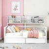 Full size Daybed, Wood Slat Support, with Bedside Shelf and Two Drawers, White