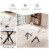 1 table and 8 chairs. A rectangular dining table with a white imitation marble tabletop and black metal legs. Paired with 8 chairs