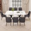 1 table and 8 chairs. A rectangular dining table with a white imitation marble tabletop and black metal legs. Paired with 8 chairs