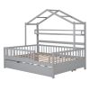 Wooden Full Size House Bed with Twin Size Trundle,Kids Bed with Shelf, Gray