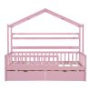 Wooden Twin Size House Bed with 2 Drawers,Kids Bed with Storage Shelf, Pink