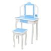 Children's Wooden Dressing Table Three-Sided Folding Mirror Dressing Table Chair Single Drawer Blue Snowflake Style