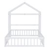 Wooden Floor Bed with Fence Railings and Detachable House Shape Headboard, Full Size Bed with Kids Dress Up Rack
