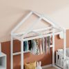Wooden Floor Bed with Fence Railings and Detachable House Shape Headboard, Full Size Bed with Kids Dress Up Rack
