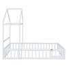 Wooden Floor Bed with Fence Railings and Detachable House Shape Headboard, Full Size Bed with Kids Dress Up Rack