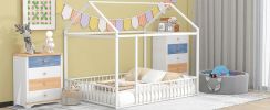 Full Size Metal Bed House Bed Frame with Fence, for Kids, Teens, Girls, Boys,White
