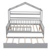 Wooden Full Size House Bed with Twin Size Trundle,Kids Bed with Shelf, Gray