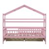 Wooden Twin Size House Bed with 2 Drawers,Kids Bed with Storage Shelf, Pink