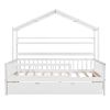 Wooden Full Size House Bed with Twin Size Trundle,Kids Bed with Shelf, White