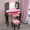 Kids' Wooden Vanity Table and Stool Set with 3 Mirrors; Princess Makeup Dressing Table; Children's Furniture