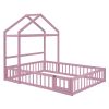Wooden Floor Bed with Fence Railings and Detachable House Shape Headboard,Full Size Bed with Kids Dress Up Rack