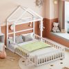 Wooden Floor Bed with Fence Railings and Detachable House Shape Headboard, Full Size Bed with Kids Dress Up Rack
