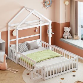 Wooden Floor Bed with Fence Railings and Detachable House Shape Headboard, Full Size Bed with Kids Dress Up Rack