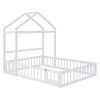 Wooden Floor Bed with Fence Railings and Detachable House Shape Headboard, Full Size Bed with Kids Dress Up Rack
