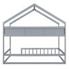 Wooden Full Size House Bed with Storage Shelf,Kids Bed with Fence and Roof, Gray
