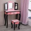 Kids' Wooden Vanity Table and Stool Set with 3 Mirrors; Princess Makeup Dressing Table; Children's Furniture