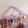 Wooden Floor Bed with Fence Railings and Detachable House Shape Headboard,Full Size Bed with Kids Dress Up Rack