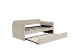 Twin Size Upholstered Daybed with Trundle and USB Charging Design, Velvet Upholstered Daybed Frame, Twin Sofa Bed for Living Room Bedroom