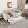 Twin Size Upholstered Daybed with Trundle and USB Charging Design, Velvet Upholstered Daybed Frame, Twin Sofa Bed for Living Room Bedroom