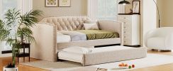 Twin Size Upholstered Daybed with Trundle for Guest Room, Small Bedroom, Study Room, Beige