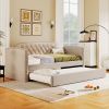 Twin Size Upholstered Daybed with Trundle for Guest Room, Small Bedroom, Study Room, Beige
