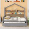 Wooden Full Size House Bed with Twin Size Trundle,Kids Bed with Shelf, Gray