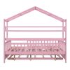 Wooden Full Size House Bed with Twin Size Trundle,Kids Bed with Shelf, Pink