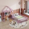 Wooden Floor Bed with Fence Railings and Detachable House Shape Headboard,Full Size Bed with Kids Dress Up Rack