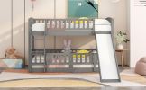 Bunk Bed with Slide,Twin Over Twin Low Bunk Bed with Fence and Ladder for Kids Teens Grey