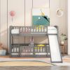 Bunk Bed with Slide,Twin Over Twin Low Bunk Bed with Fence and Ladder for Kids Teens Grey