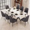 1 table and 8 chairs. A rectangular dining table with a white imitation marble tabletop and black metal legs. Paired with 8 chairs