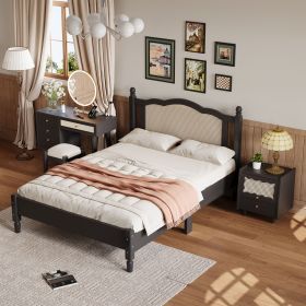 3 Pieces Bedroom Set with Full Size Wooden Bed Frame, 1 Vintage Nightstand and 1 Makeup Vanity Set with Stool,Black