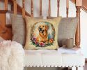 Golden Retriever and Flowers Throw Pillow Machine Washable, Indoor Outdoor Decorative Pillow for Couch, Bed or Patio, 14Hx14W