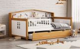 Twin Size House Shape Daybed with Trundle and Bookcase Headboard Wooden Bed for Girls Boys Teens, No Box Spring Needed, Walnut and White