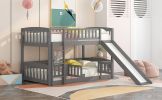 Bunk Bed with Slide,Twin Over Twin Low Bunk Bed with Fence and Ladder for Kids Teens Grey