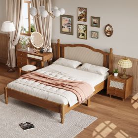 3 Pieces Bedroom Set with Queen Size Wooden Bed Frame, 1 Vintage Nightstand and 1 Makeup Vanity Set with Stool,Walnut (Expected Arrival Time: 08.23)